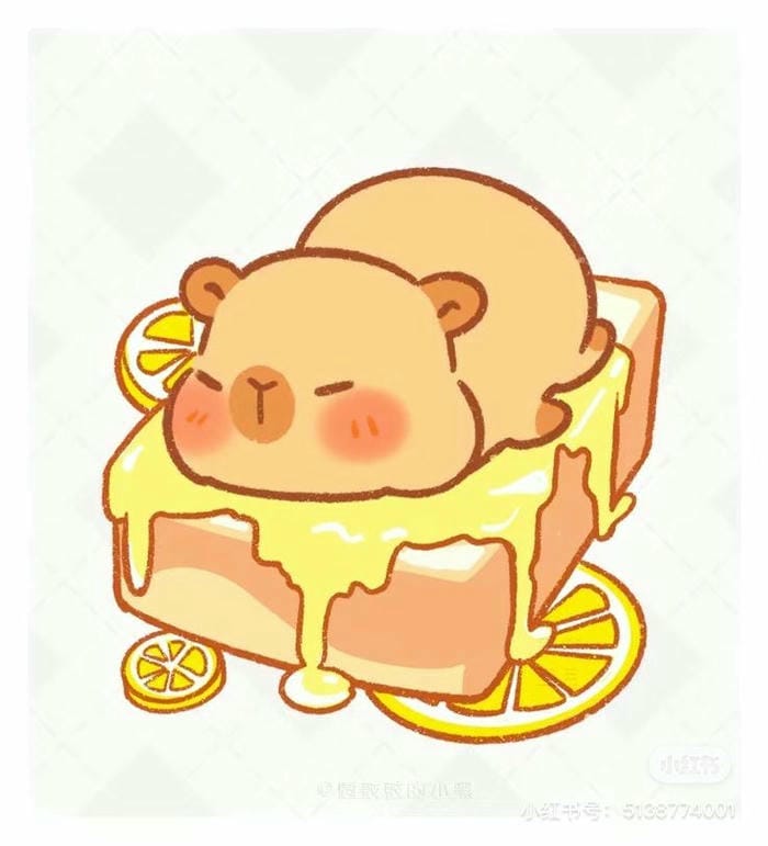 Ảnh Capybara chibi nằm trên bánh đáng yêu