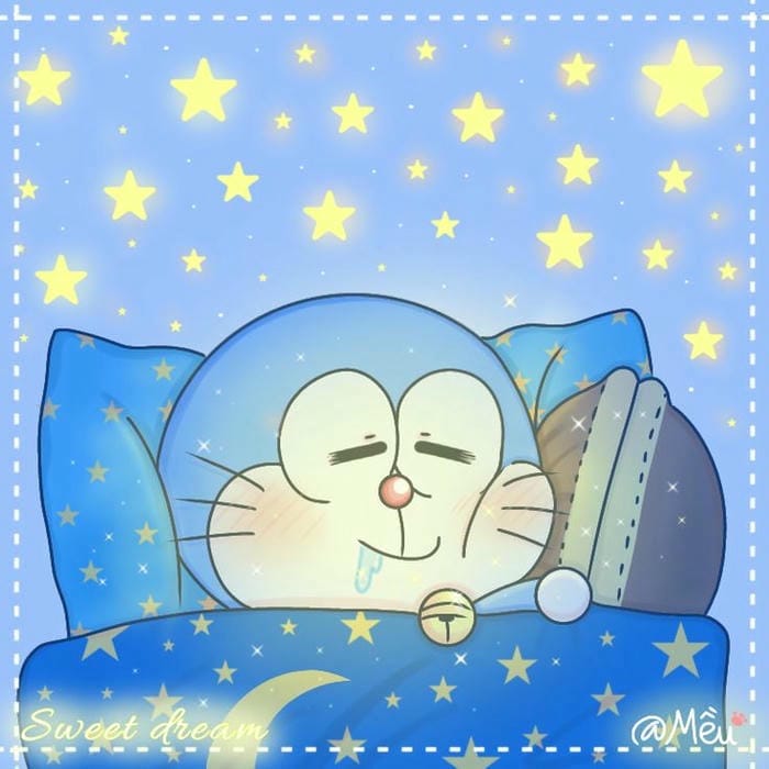 Ảnh mèo ú Doraemon chibi nằm ngủ siêu đáng yêu