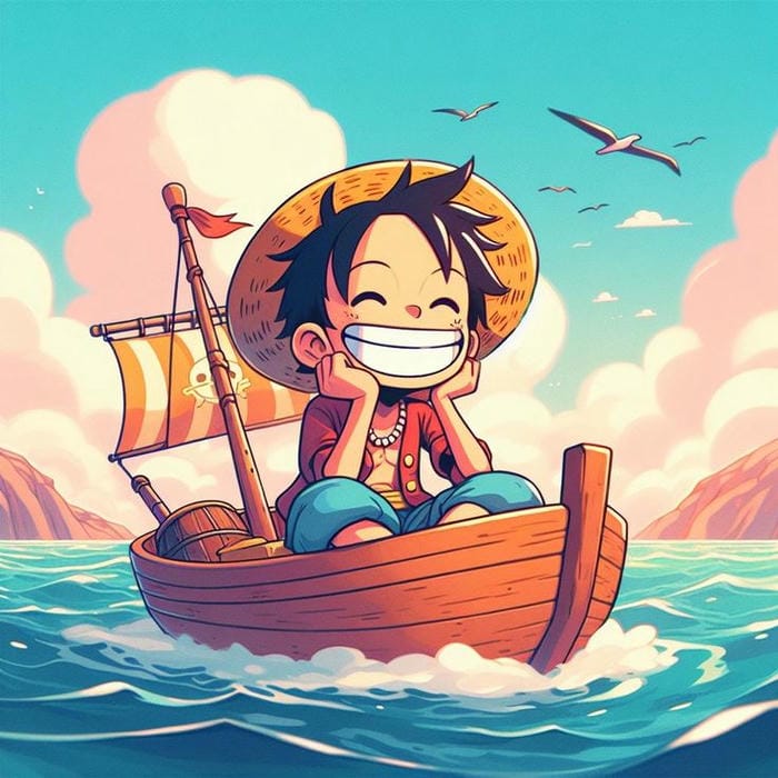 Hình ảnh chibi Luffy ngồi trên thuyền