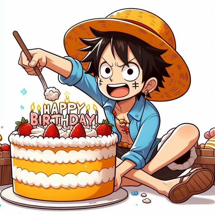 Hình chibi Monkey D Luffy cùng bánh sinh nhật