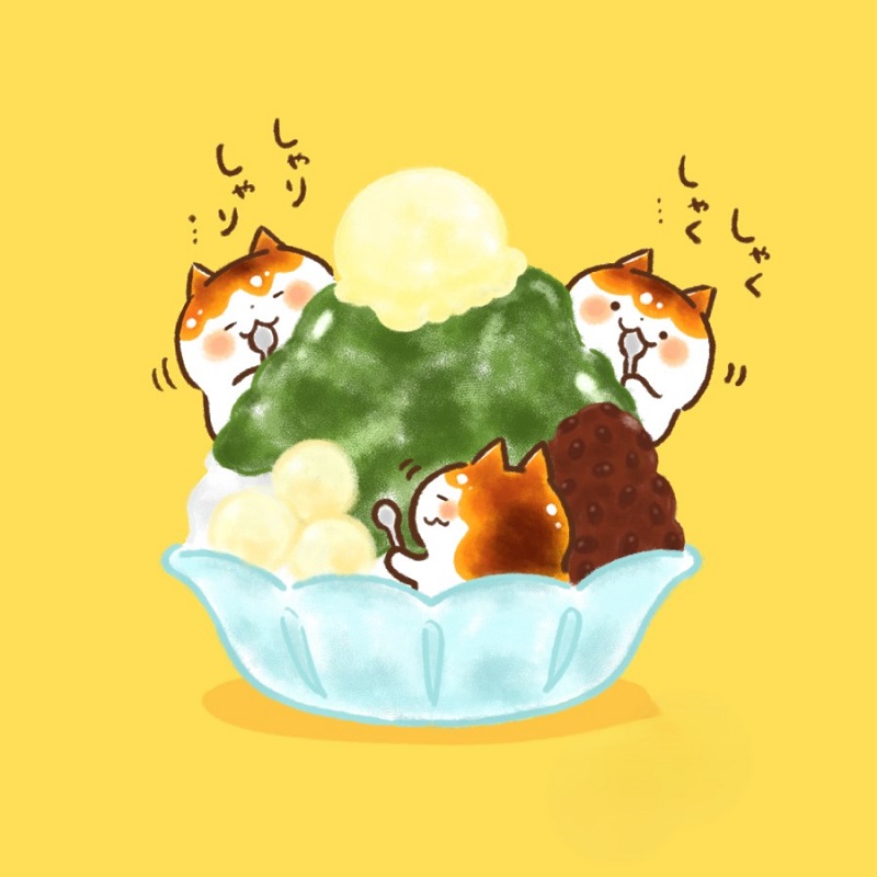 hình nền 3 chú mèo mập chibi ăn bánh bingsu