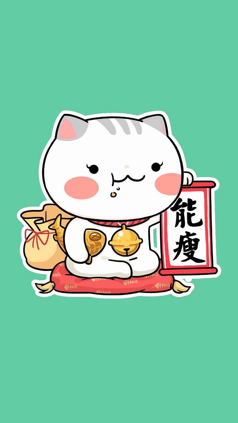 tải hình ảnh mèo thần tài chibi cầm cá cute