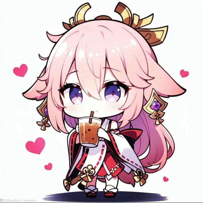 Ảnh Miko chibi uống trà sữa