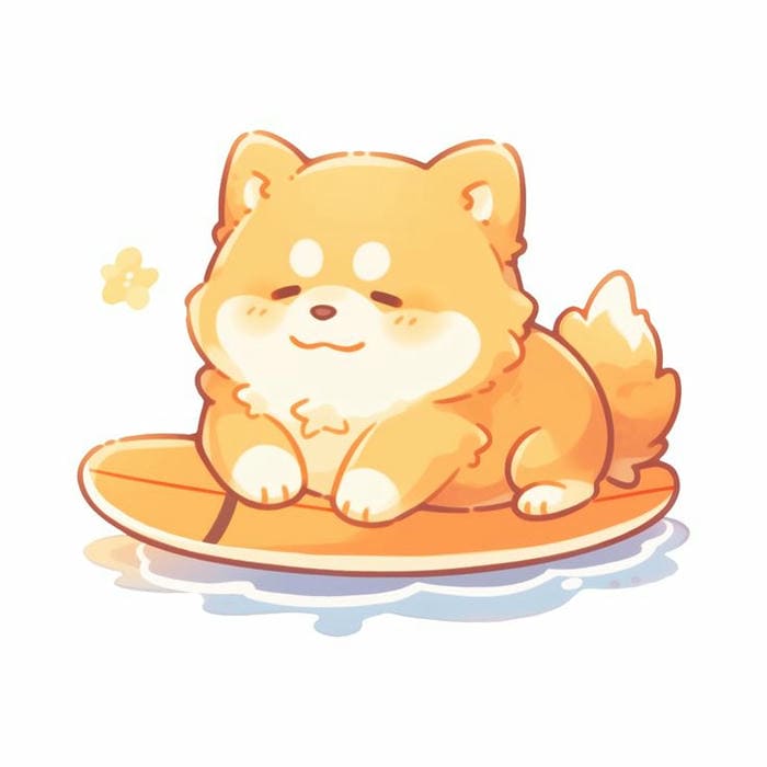 Ảnh chibi chó Shiba nằm trên ván lướt sóng