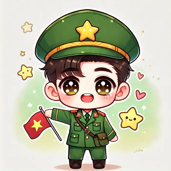 Ảnh chibi chú bộ đội cầm cờ siêu đáng yêu