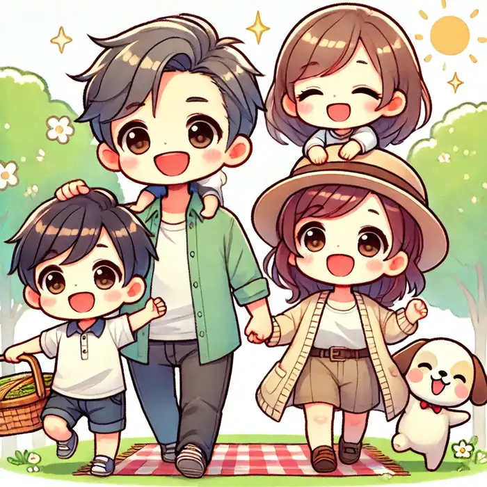 Ảnh chibi gia đình 4 người cùng nhau đi picnic