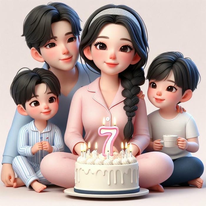 Ảnh chibi gia đình 4 người cùng nhau tổ chức sinh nhật