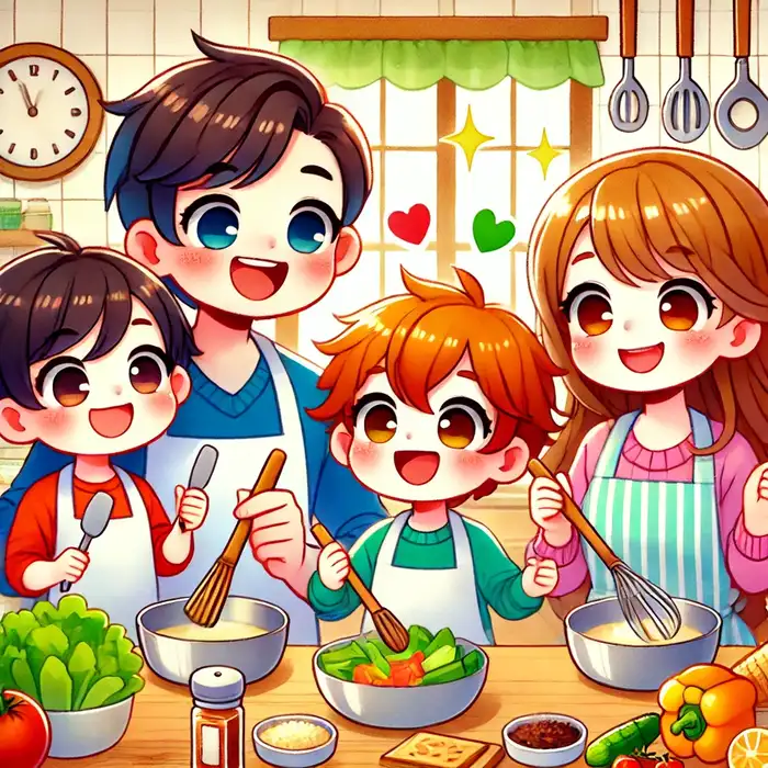 Ảnh chibi gia đình 4 người cùng nhau vào bếp siêu dễ thương