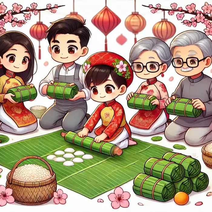 Ảnh chibi gói bánh chưng ngày tết