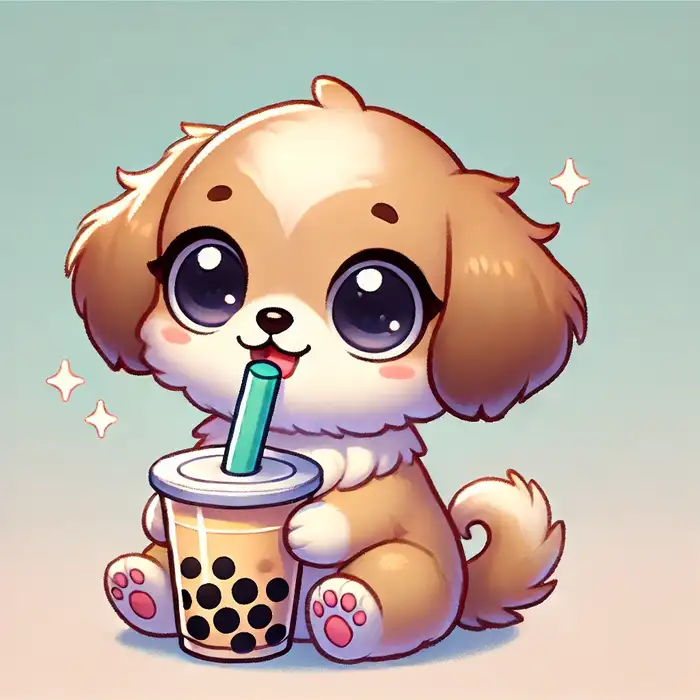 Ảnh chó con chibi uống trà sữa cute