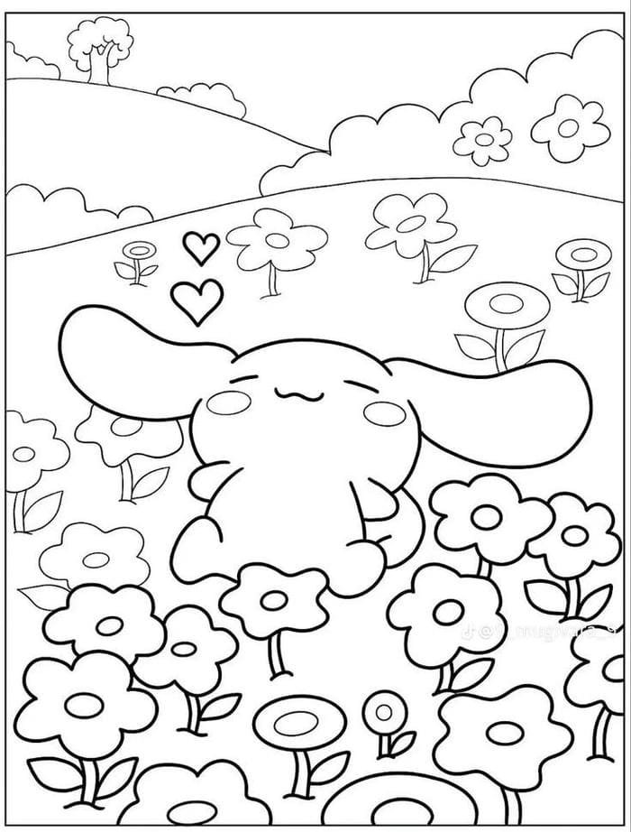 Ảnh tranh tô màu Cinnamoroll nằm trong vườn hoa