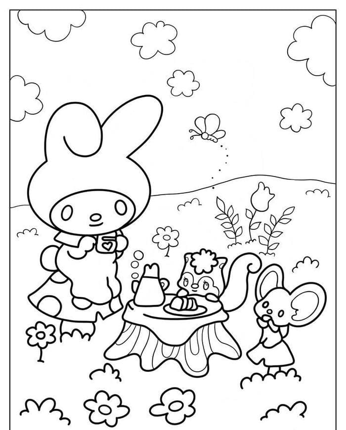 Ảnh tranh tô màu My Melody đi picnic cùng những người bạn