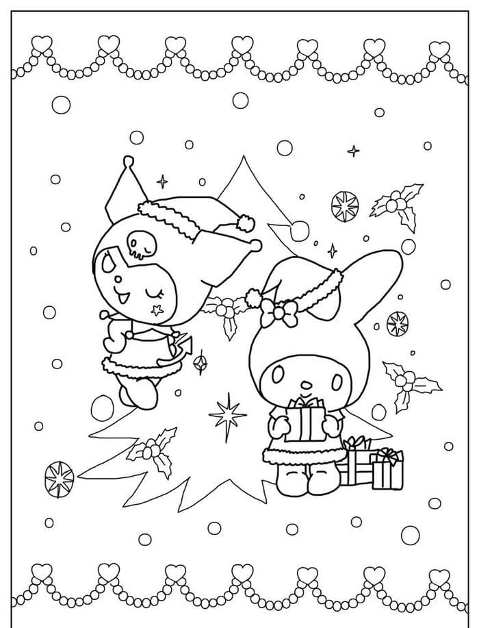 Ảnh tranh tô màu My Melody và Kuromi cùng cây thông noel