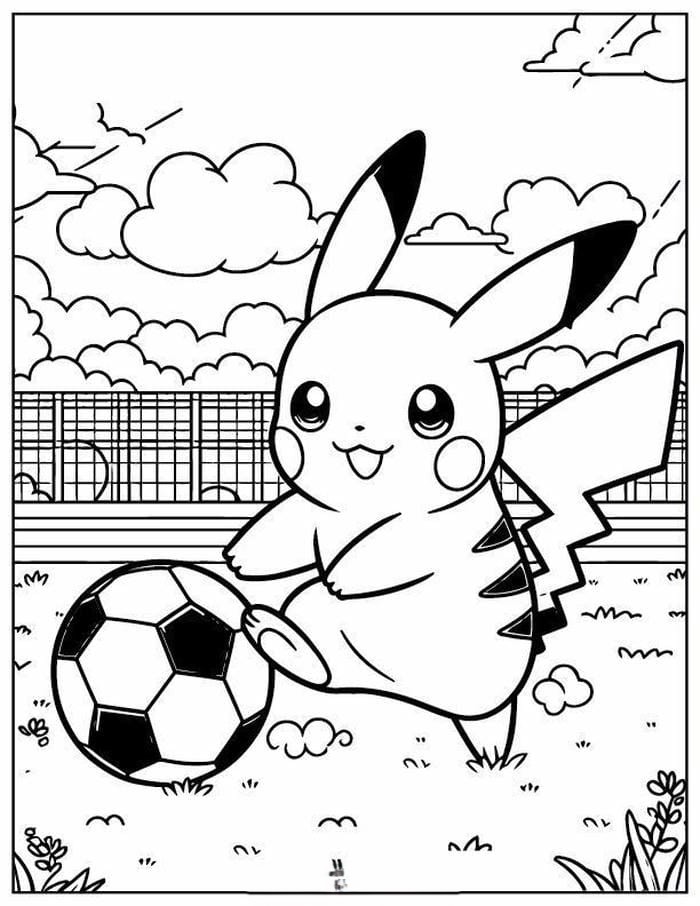 Ảnh tranh tô màu Pikachu đá bóng dễ thương cho bé