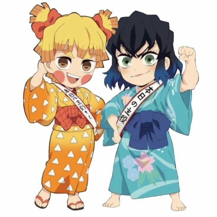 Hình ảnh Inosuke và Zenitsu chibi mặc kimono siêu đáng yêu