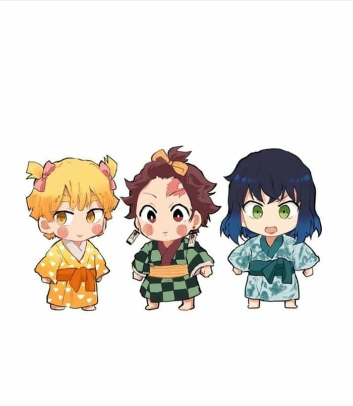 Hình ảnh chibi Inosuke, Tanjiro và Zenitsu mặc kimono siêu đáng yêu