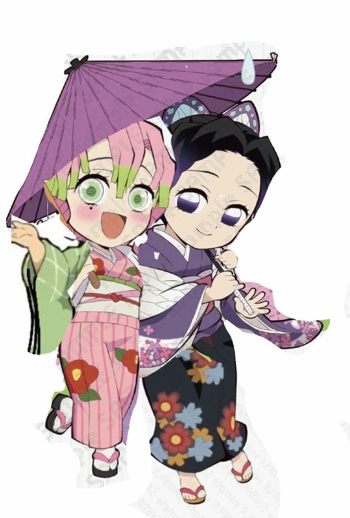 Hình ảnh chibi Shinobu và Mitsuri mặc Kimono