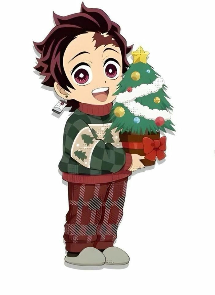 Hình ảnh chibi Tanjiro cầm cây thông noel