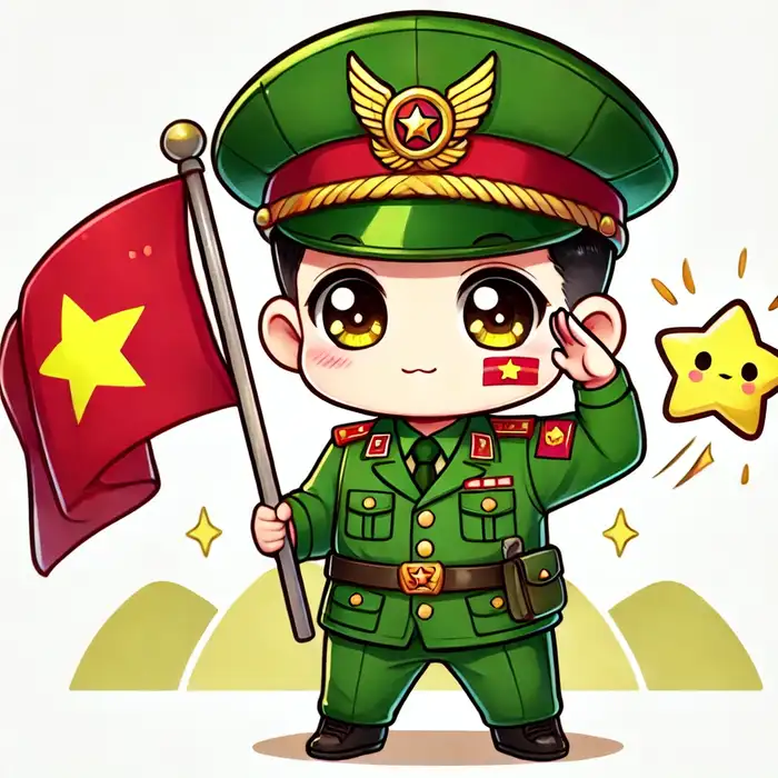 Hình ảnh chibi chú bộ đội cầm cờ dễ thương