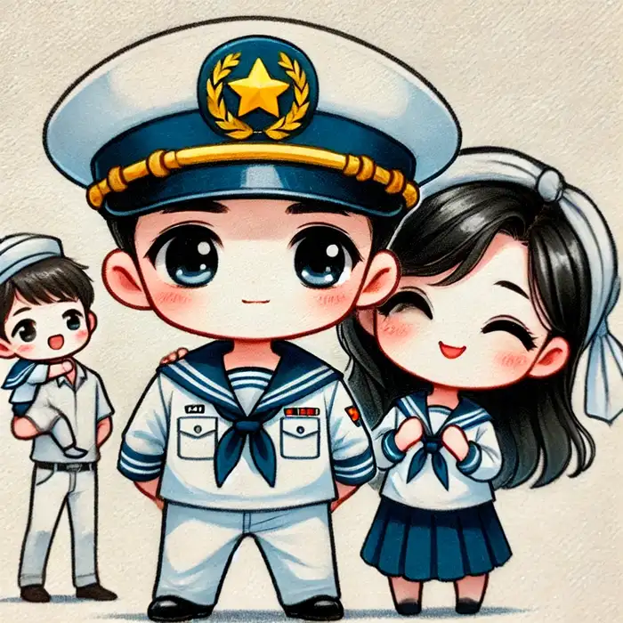 Hình ảnh chibi chú bộ đội hải quân cùng hậu phương siêu dễ thương