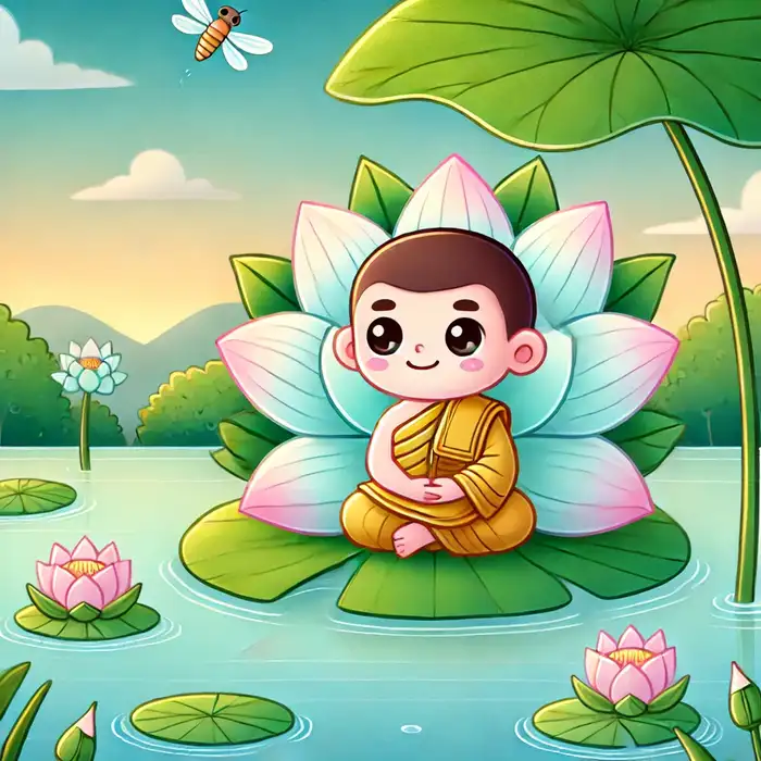 Hình ảnh chibi chú tiểu ngồi trong đầm sen