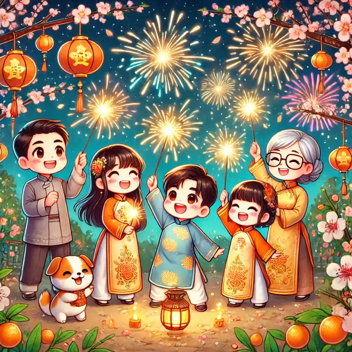 Hình ảnh chibi đốt pháo hoa ngày tết