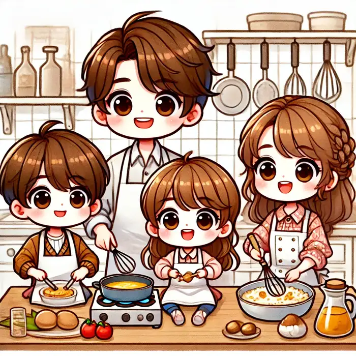 Hình ảnh chibi gia đình 4 người cùng nhau nấu ăn