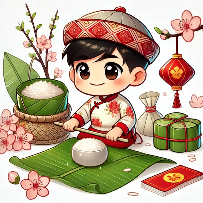 Hình ảnh chibi gói bánh chưng ngày tết cute