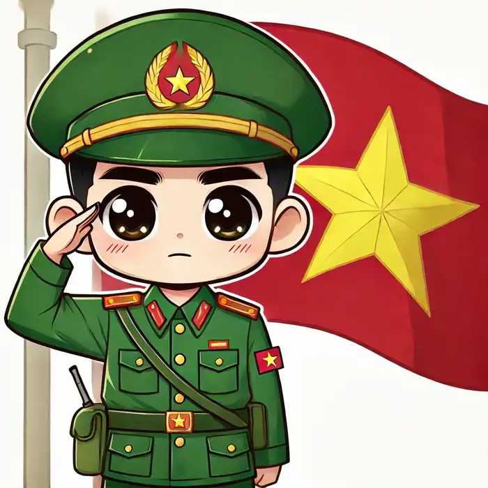 Hình ảnh chú bộ đội chibi cùng lá cờ đỏ sao vàng