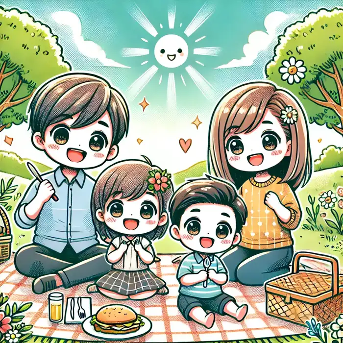 Hình ảnh gia đình 4 người chibi cùng nhau đi picnic đáng yêu