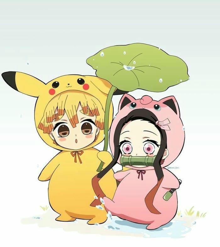 Hình ảnh thanh gươm diệt quỷ Nezuko&Zenitsu trang phục pokemon đáng yêu