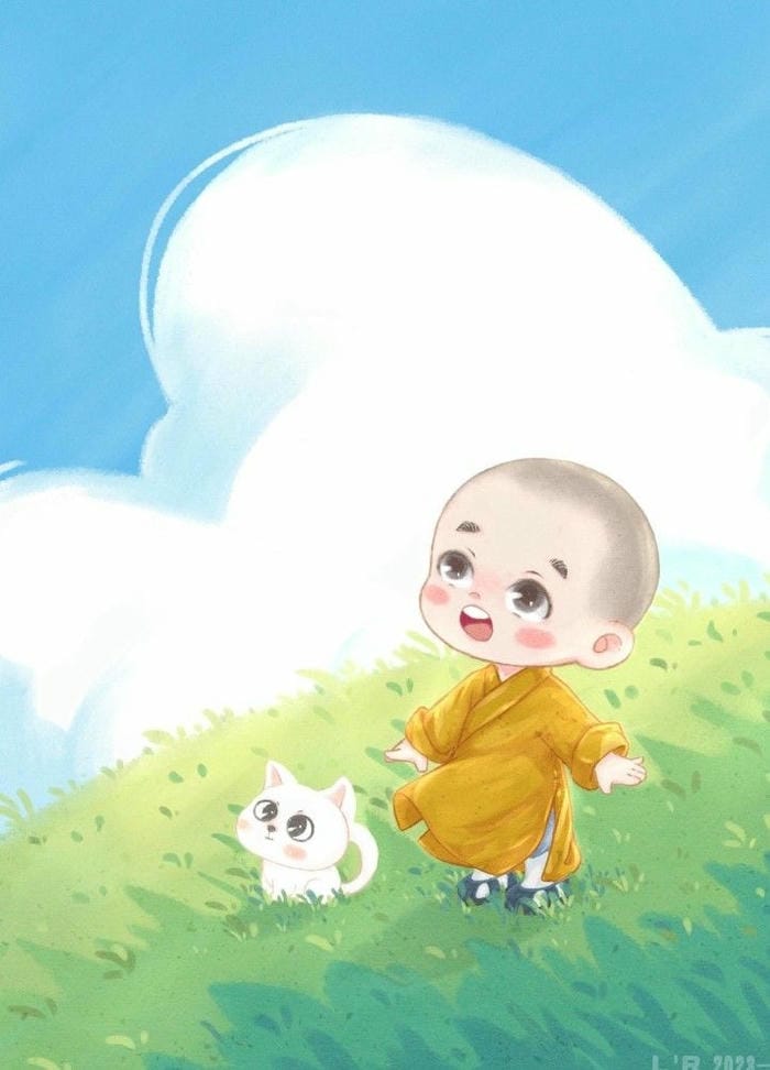 Hình chibi chú tiểu và mèo con trên đồng cỏ