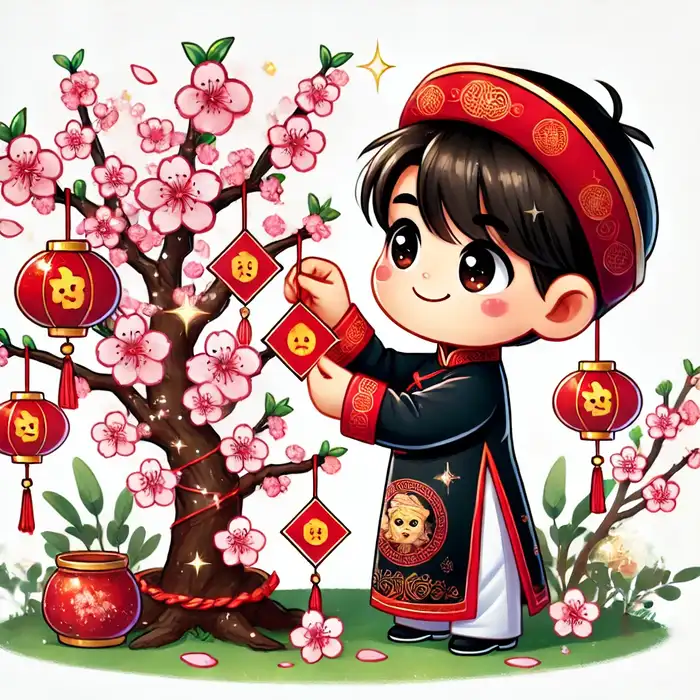 Hình chibi ngày tết trang trí cây đào siêu dễ thương