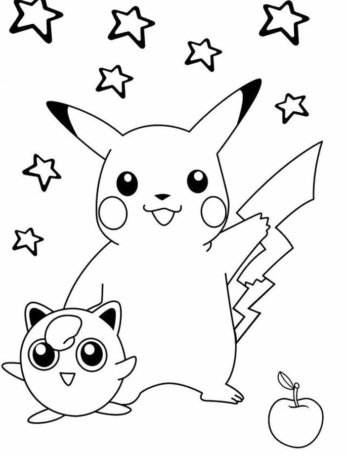 Tranh tô màu Pikachu và Jigglypuff dễ thương