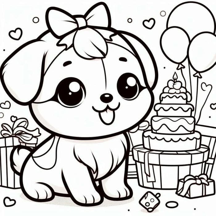Tranh tô màu chó con cùng bánh sinh nhật dễ thương