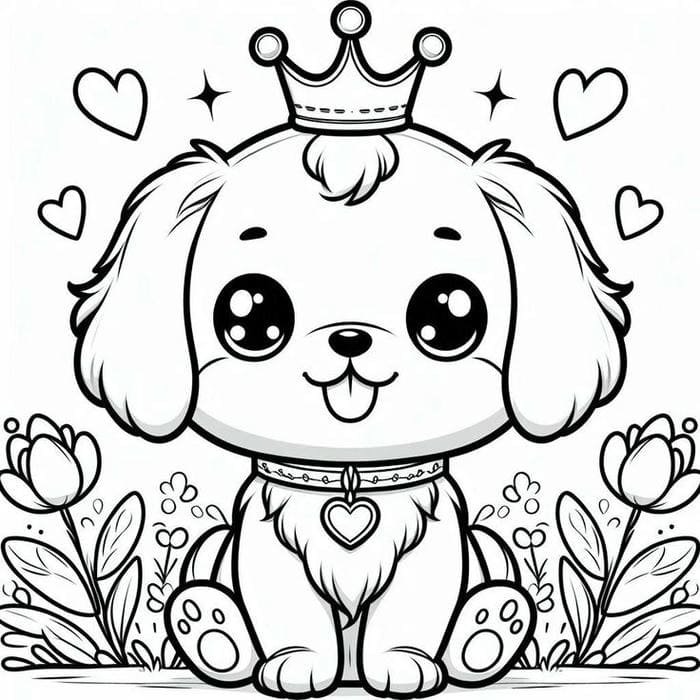 Tranh tô màu chó con đội vương miện đáng yêu cho bé