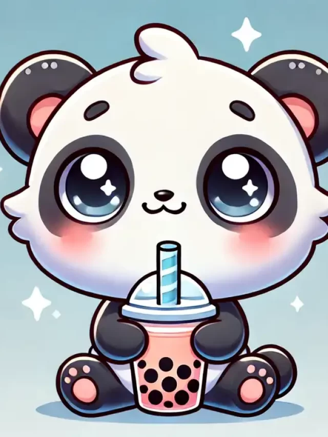 Hình vẽ chibi gấu trúc uống trà sữa đơn giản, đáng yêu