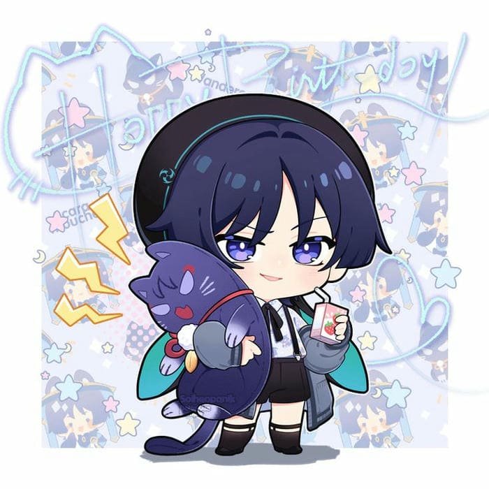 Ảnh chibi Wanderer ôm mèo nhỏ siêu dễ thương