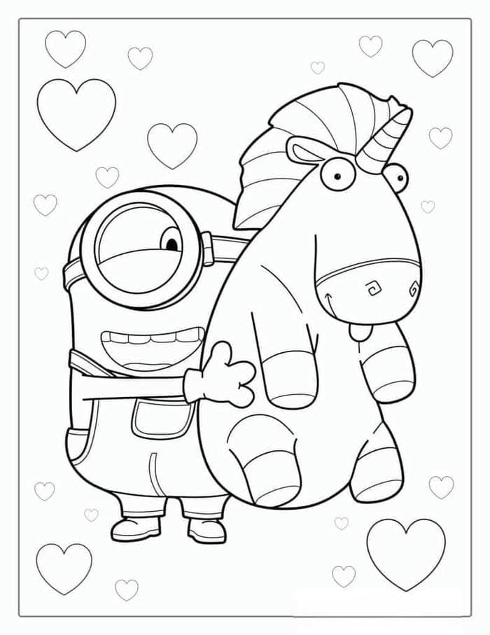 Ảnh tranh tô màu Minion ôm kỳ lân siêu dễ thương