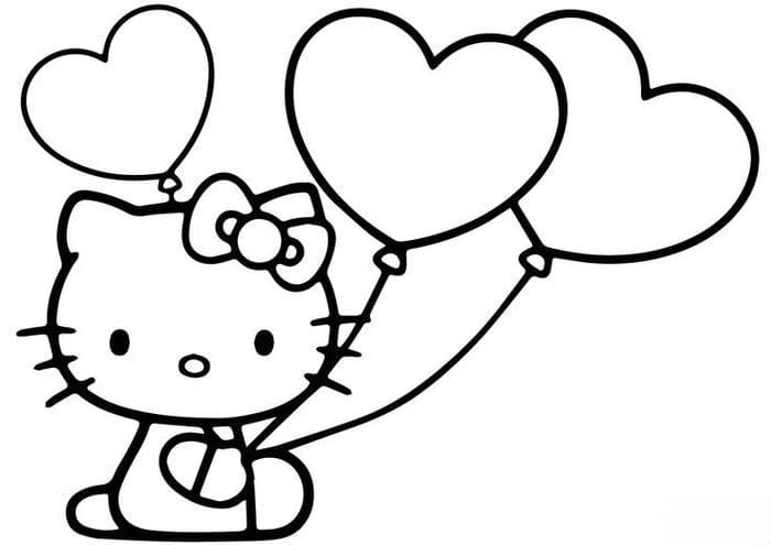Ảnh tranh tô màu mèo Kitty cầm bóng bay