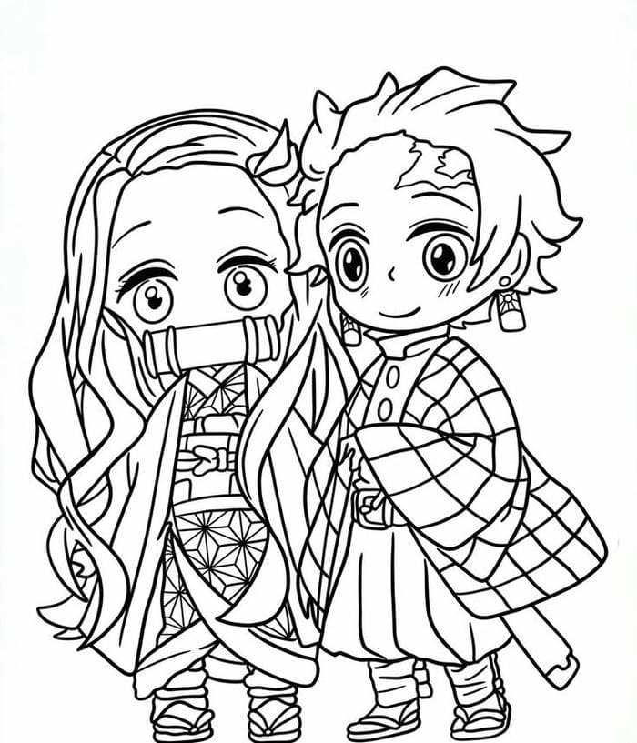 Chibi Tanjiro và Nezuko tranh tô màu siêu đáng yêu