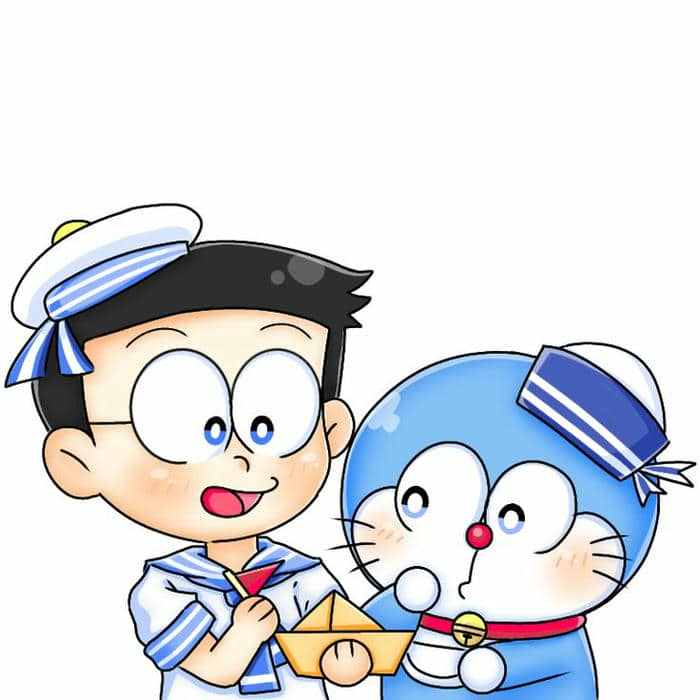 Chibi hình vẽ Nobita và Doraemon trang phục thủy thủ