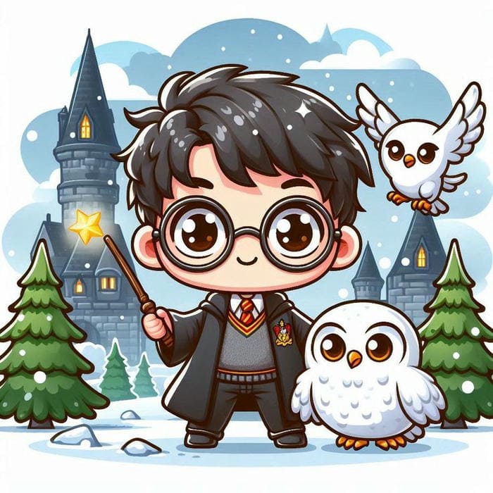 Harry Potter chibi cùng cú mèo trắng siêu dễ thương