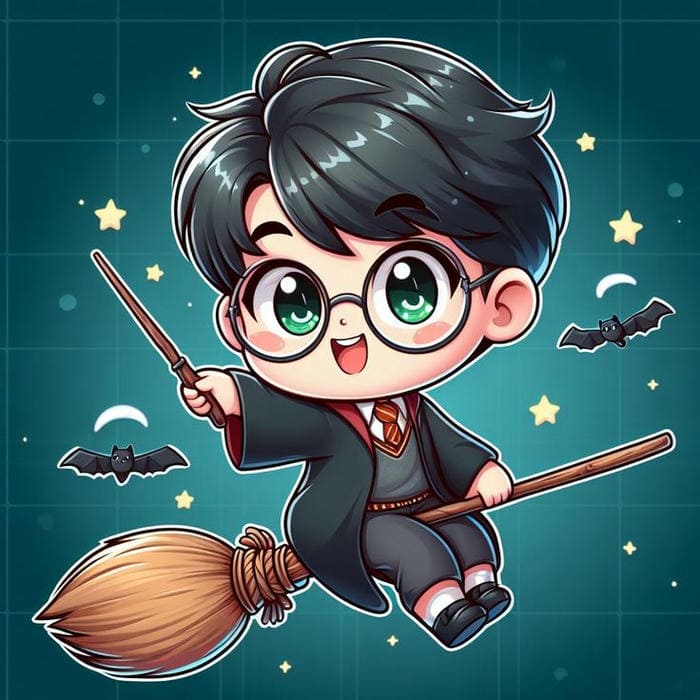 Harry Potter chibi cưỡi chổi bay siêu đáng yêu