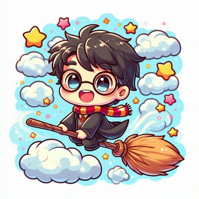 Harry Potter chibi cưỡi chổi bay