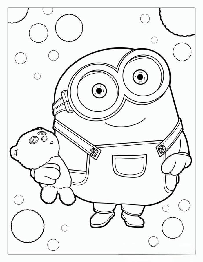 Hình ảnh tranh tô màu Minion ôm gấu