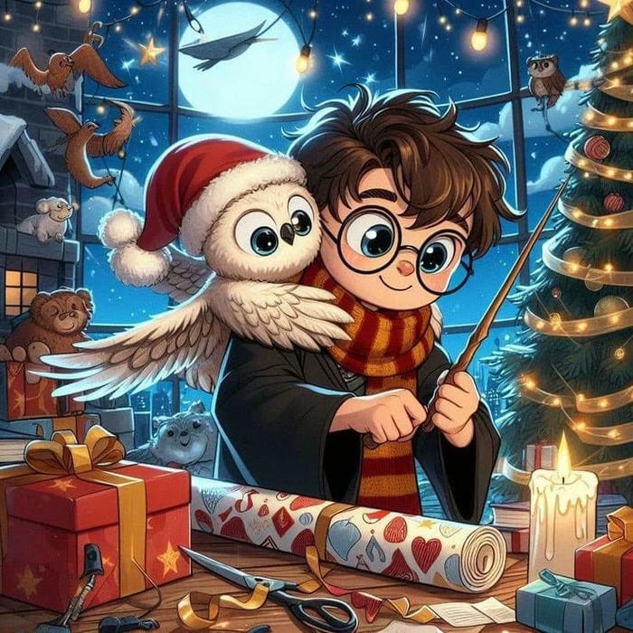 Tranh chibi Harry Potter cùng chim cú mèo