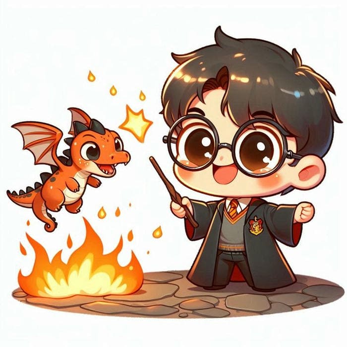 Tranh chibi Harry Potter cùng rồng con đáng yêu