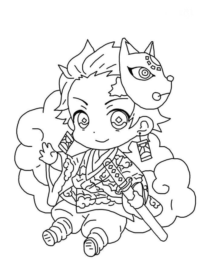 Tranh tô màu chibi Tanjiro đeo mặt nạ siêu đáng yêu