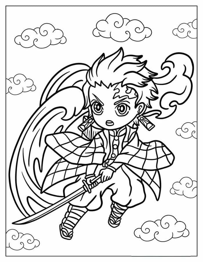 Tranh tô màu chibi Tanjiro siêu dễ thương